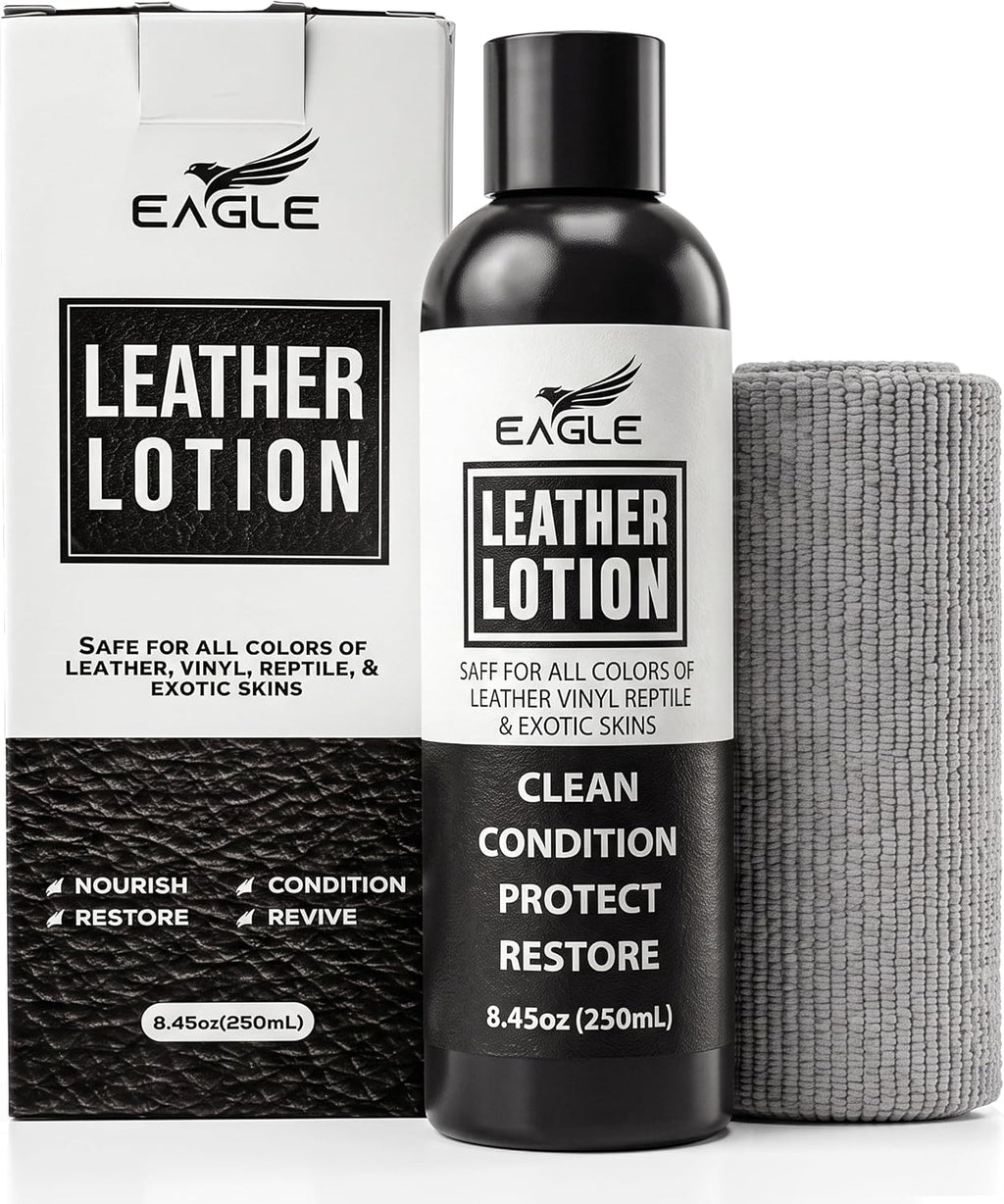 Eagle Leather Jacket Conditioner- Leather Lotion with Cloth for Boots, Jackets, Purses, Handbags & Bags – Lanolin & Natural Oils to Clean, Condition, Restore & Protect All Leather Colors