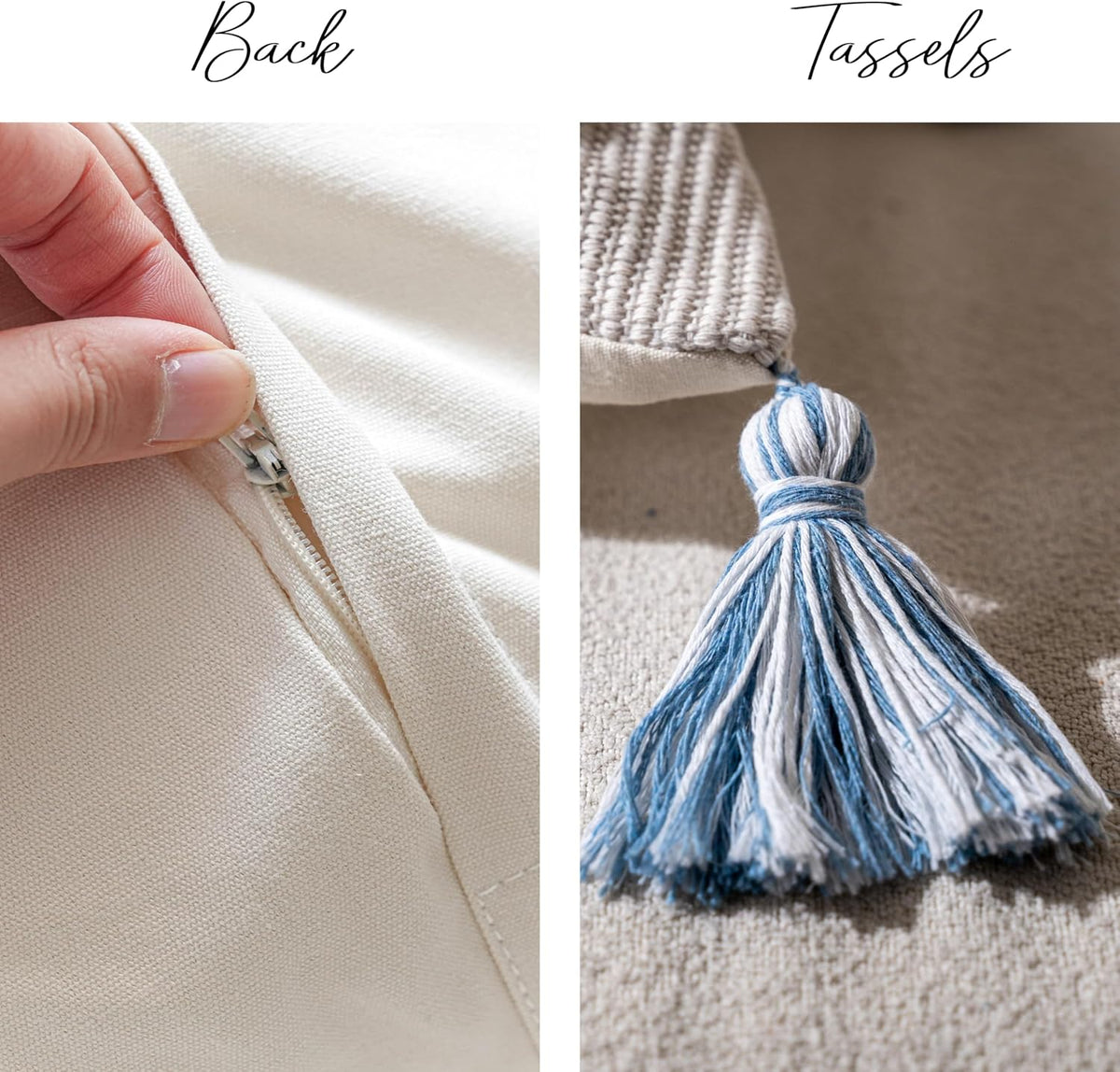 BlissBlush 14x36 Lumbar Pillow Cover for Bed, Rectangular Long Decorative Throw Pillowcase, Boho Accent Cushion with Blue Tufted Pattern and Tassels, Cream Neutral (Cover Only)