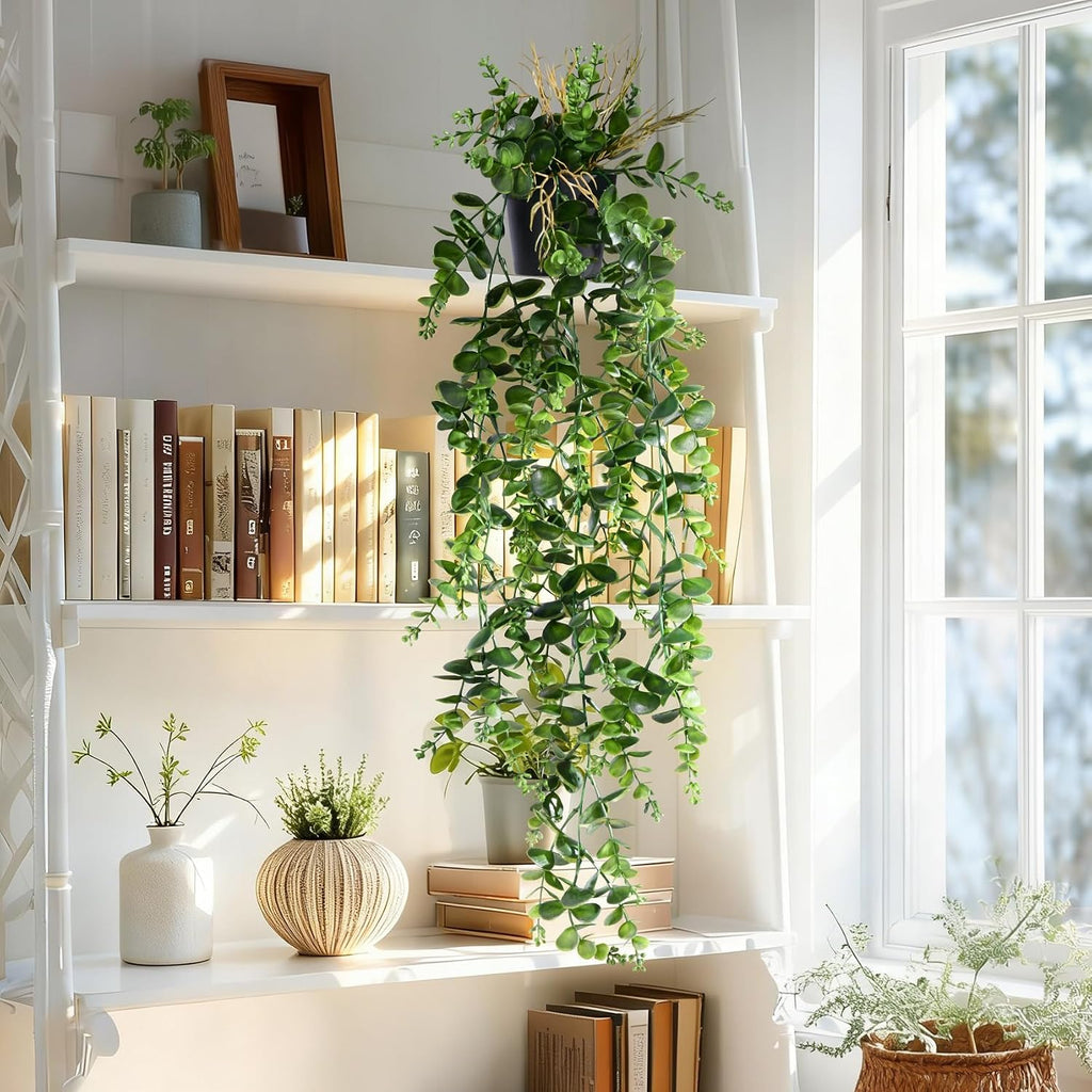 Artificial Hanging Plant 2 Pcs Faux Eucalyptus Vine Ivy Vine Faux Plant Fake Potted Greenery for Wall Living Room Home Shelf Office Bathroom Outdoor Indoor Decor (Type 2)