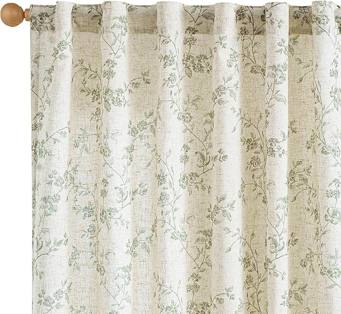 Lazzzy 90 inch Long Curtain for Bedroom Green Floral Linen Drapes for Living by Lazzzy