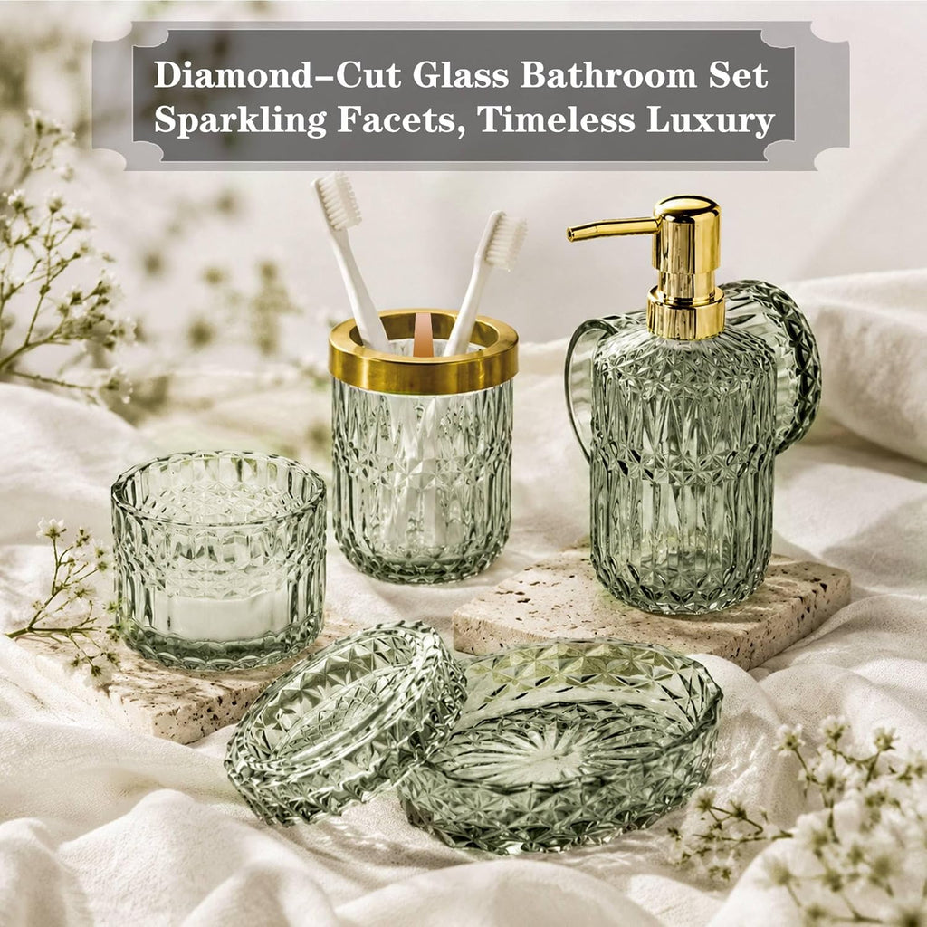 Green Bathroom Accessories Set, 5Pcs Clear Glass Green Accessories with Lotion Soap Dispenser, Soap Dish, Toothbrush Holder, Tumbler, Cotton Swab Jar, Modern Bathroom Decor Crystal Vintage Gift