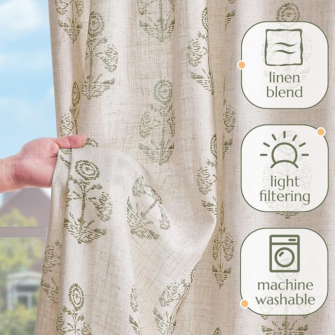 jinchan Linen Floral Curtains for Living Room 84 Inch Length Green Flower - Image 4