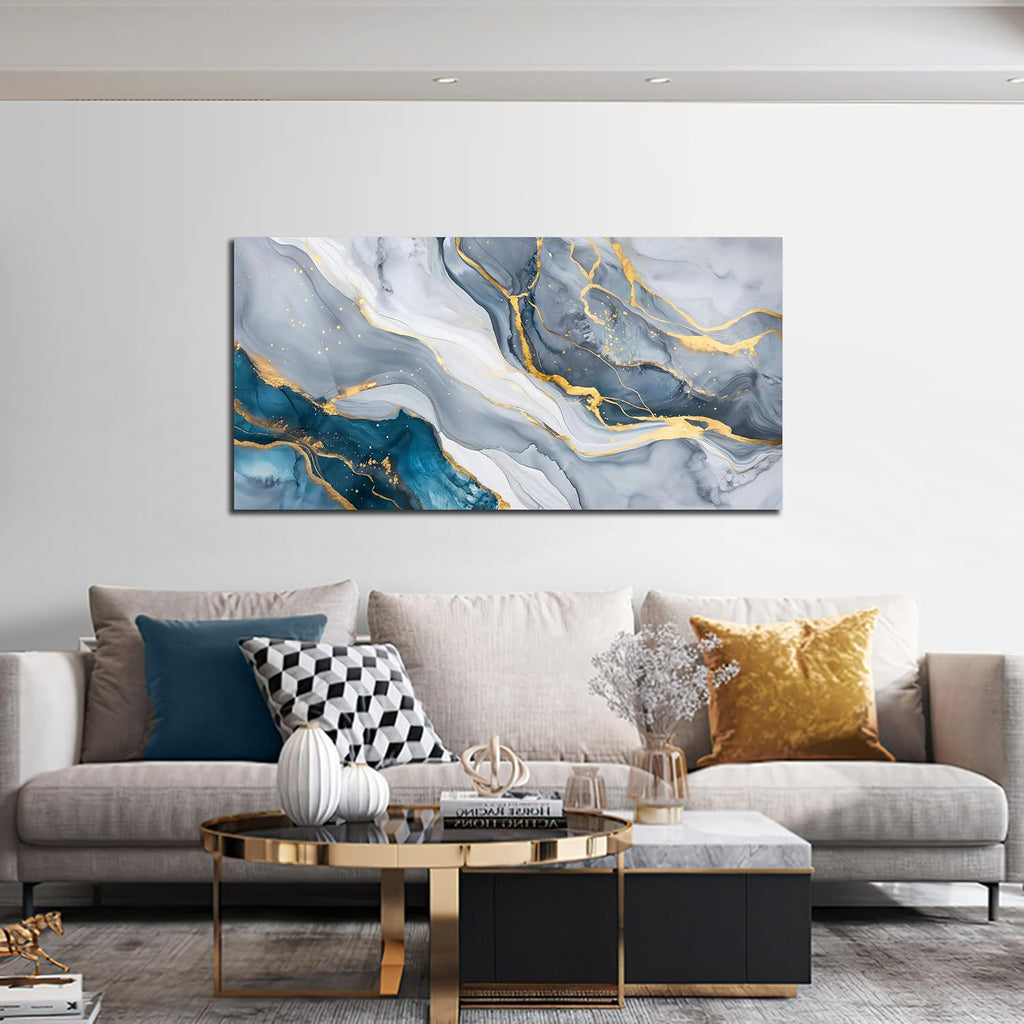 Blue and Gray Abstract Gold Fluid Canvas Wall Art for Living Room 20"X40"