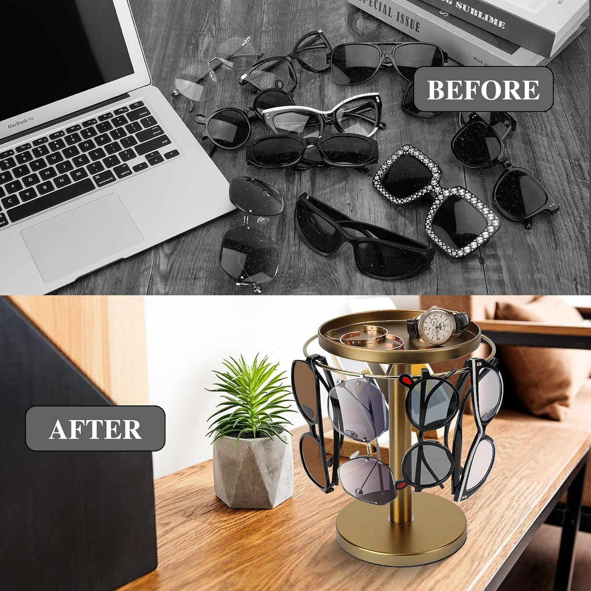 kondyfayo 360° Rotating Sunglass Organizer Storage, Stainless Steel Glasses Holder Stand, Glasses Organizer with Tray for Desk, Dresser, Tabletop, Nightstand and Home Decor (Gold)