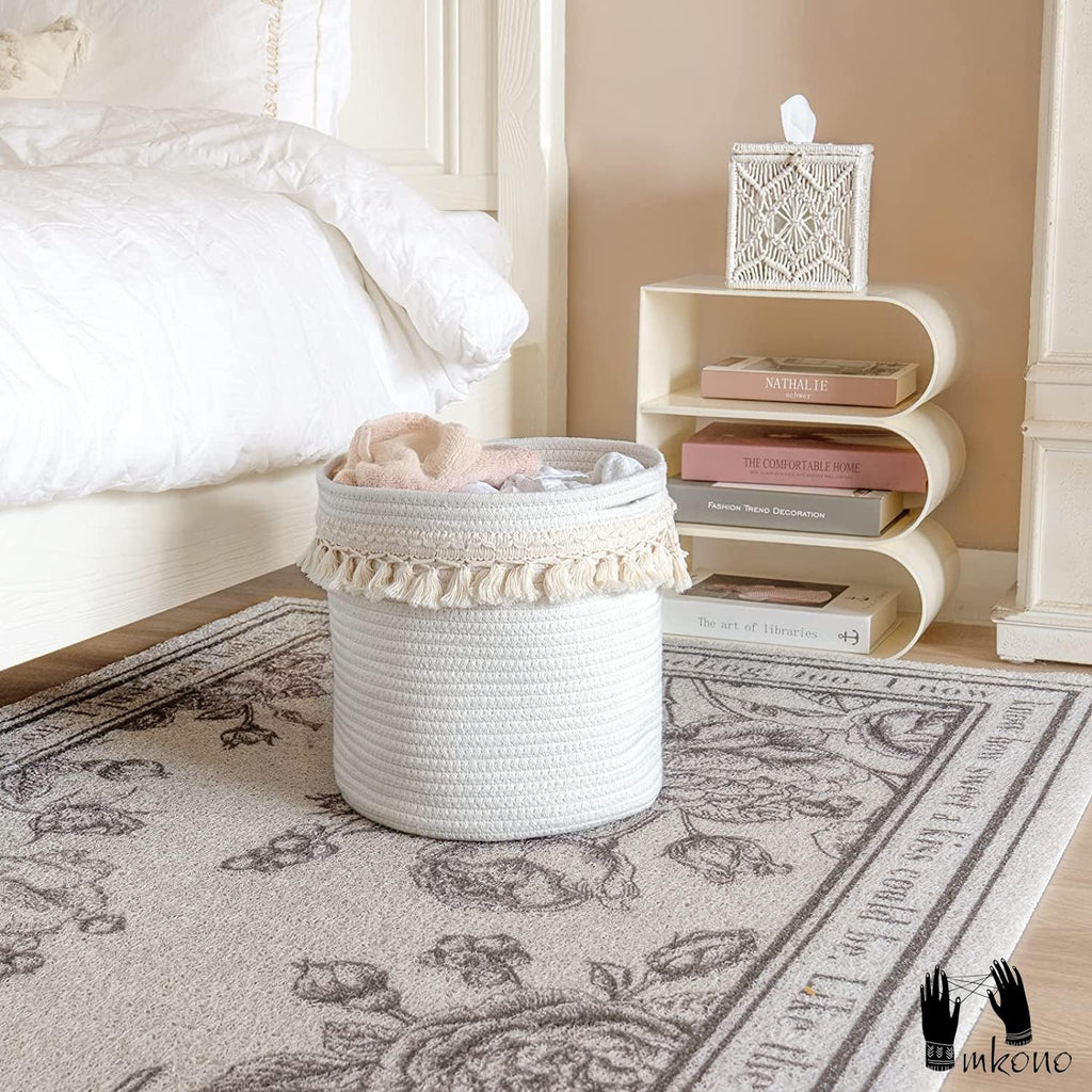 Mkono Macrame Cotton Rope Basket, Small Boho Nursery Decor, 11"x11", Ivory