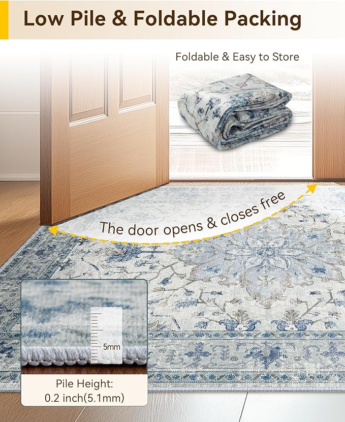 Area Rugs Square 6ft Washable Non-Slip, Floral Vintage Distress Print Pattern - Image 4