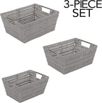Simplify 3 Piece Set Woven Rattan Tote Baskets | Multi-Size | Handles | Storage & Organization | Toys | Bathroom Accessories | Home | Office | Dorm | Playroom | Closet | Grey