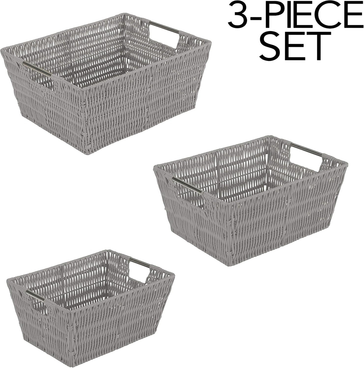 Simplify 3 Piece Set Woven Rattan Tote Baskets | Multi-Size | Handles | Storage & Organization | Toys | Bathroom Accessories | Home | Office | Dorm | Playroom | Closet | Grey