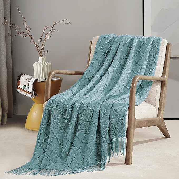 BOURINA Blue Throw Blanket 50 x70 Inches Jacquard Argyle Throw Textured Solid - Image 2