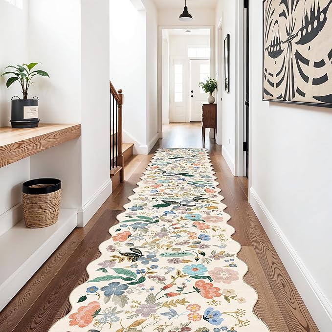 Hallway Floral 2'6x14 Runner Rugs: Washable Scalloped Soft Carpet - Image 2