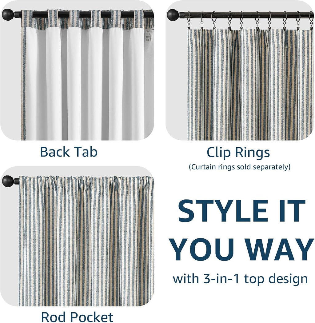jinchan Linen Blackout Curtains Back Tab 84 Inch 2 Panels Striped Blue