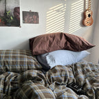 MKXI Full Size Blue, Brown & Green Buffalo Plaid Duvet Cover Set - 3 Piece Vintage Aesthetic Bedding Set, 100% Washed Cotton, Minimalist Design, Soft & Breathable Duvet Cover with Zipper Closure