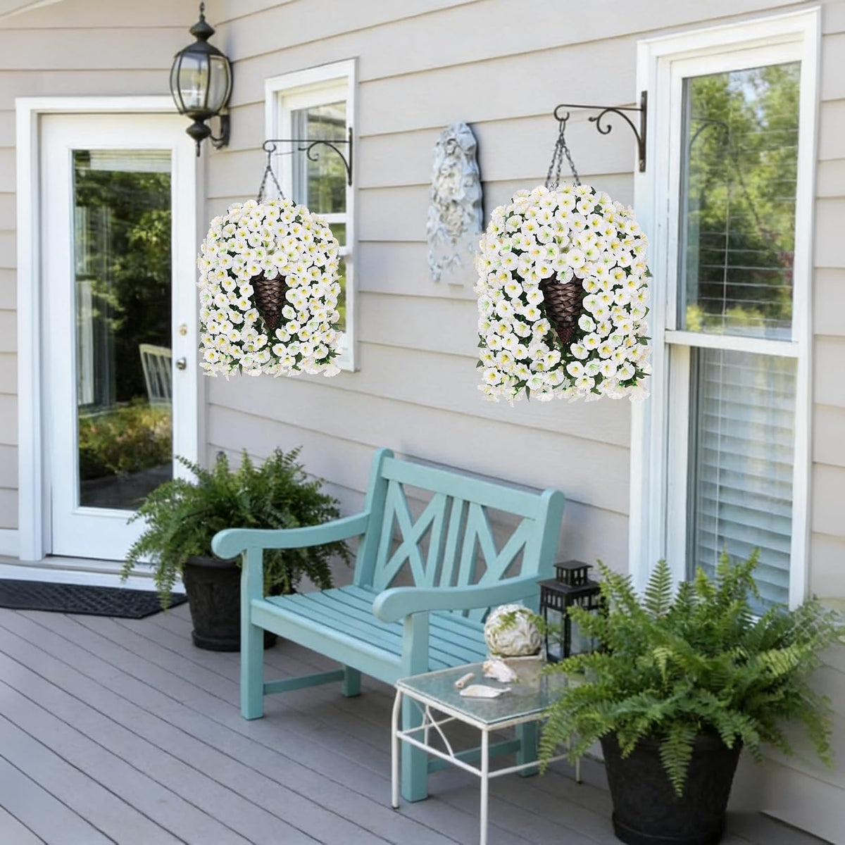 HyeFlora Artificial Faux Hanging White Flowers Plants Basket for Outdoor Outside Decor, 4 PCS Fake UV Resistant Realistic Morning Glory Flowers for Porch Home Balcony Yard Patio Decoration