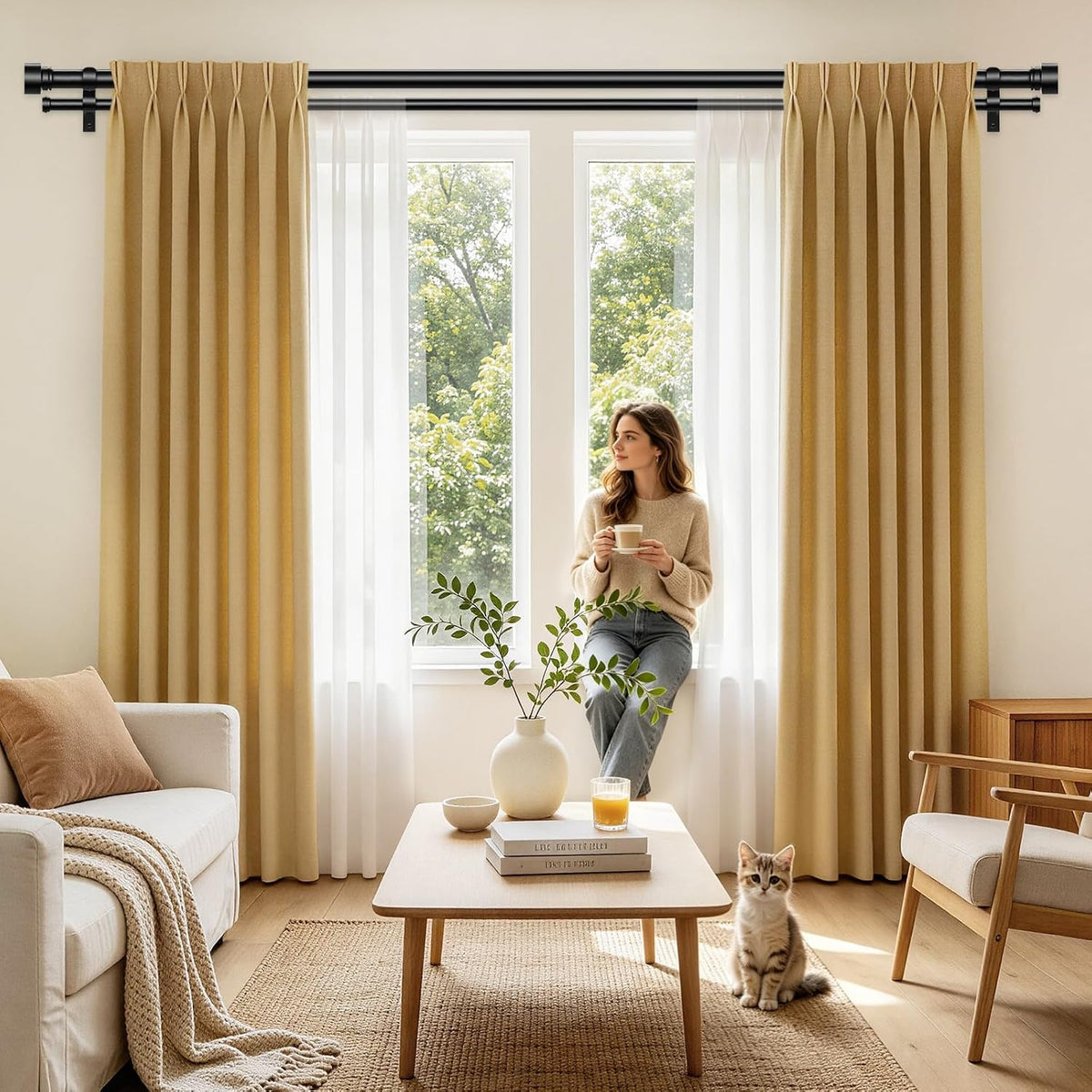 TONIAL Black Double Curtain Rods for Windows, 72-150 Inch, Simple Finials