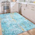 Area Rug 4x6 Teal Blue Rug Washable Boho Rugs Non Slip Low Pile Abstract Small - Image 5