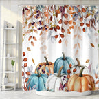 Fall Pumpkin Leaves Shower Curtain, Cute Autumn Harvest Thanksgiving Yellow Boho Watercolor Eucalyptus Leaves Fabric Shower Curtains Set for Bathroom Decorative with Hooks 72 X 72 Inch Bath Decor