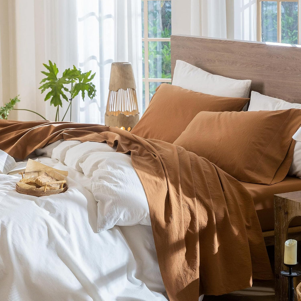MooMee Sheet Set 100% Washed Cotton Linen-Like Extra Deep Pocket Queen