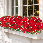 9 Pack Poinsettias Flowers Artificial Christmas Flowers for Outdoors, 14'' Mixed Fake Red Velvet Poinsettias Flowers Faux Eucalyptus Plants Pine Branches UV-Resistant for Vase Garden Porch Home Decor