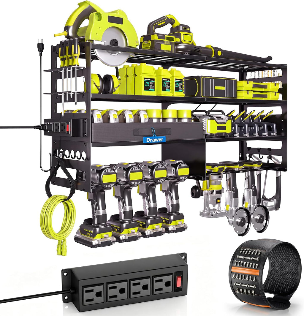 Gotega Large Power Tool Organizer Wall Mount with Charging Station, Black