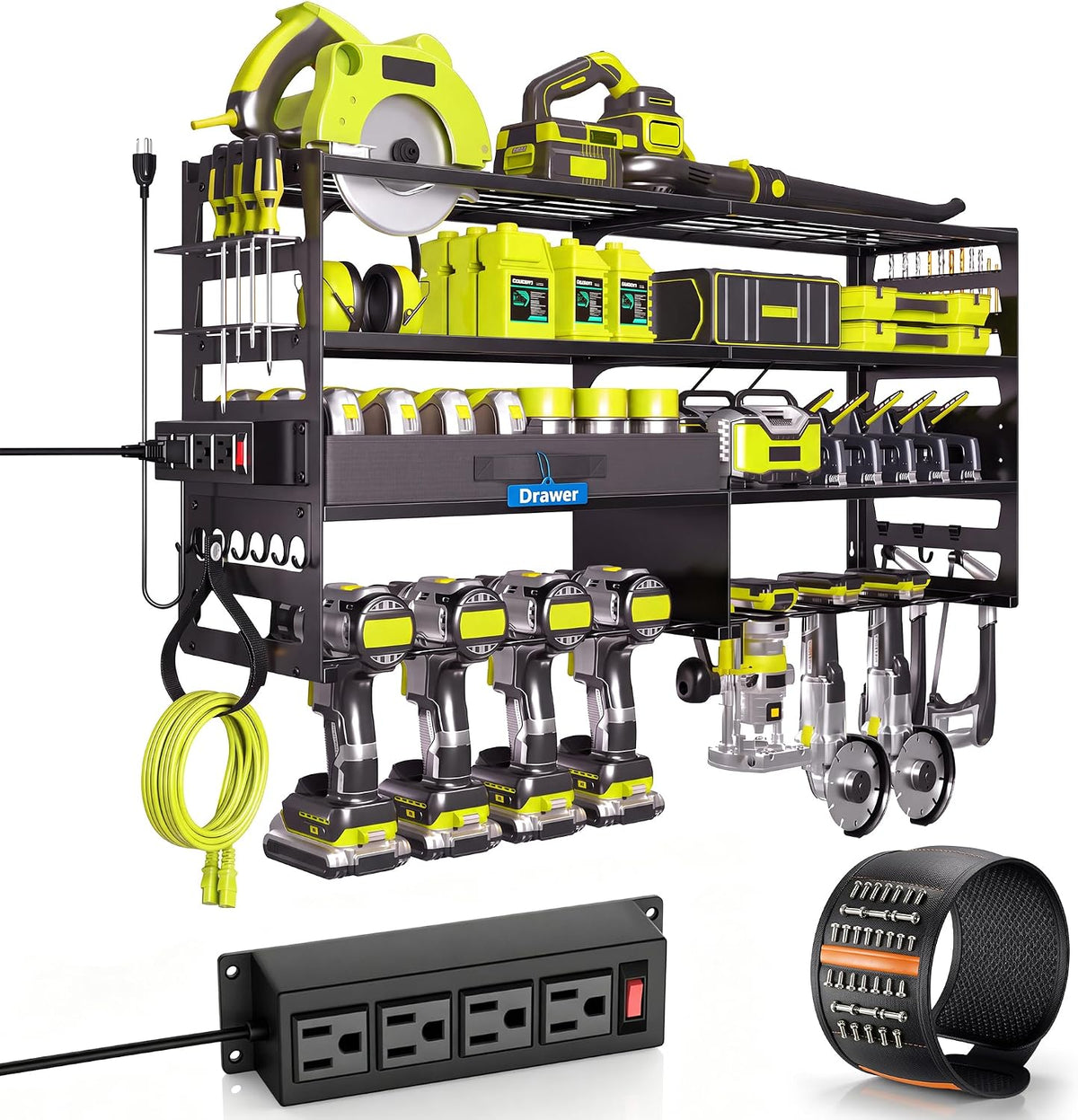 Gotega Large Power Tool Organizer Wall Mount with Charging Station, Black
