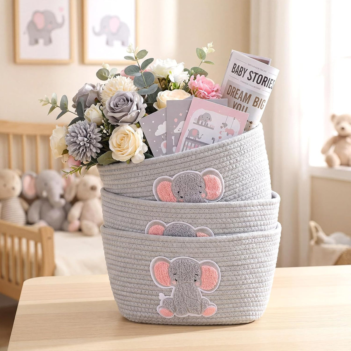 Elephant Nursery Decor Elephant Basket 3-Tier Cotton Rope Hanging Basket Organizer Wall Storage Bin with Hooks, Grey Over Door Decorative Nursery Closet Hanging Accessories