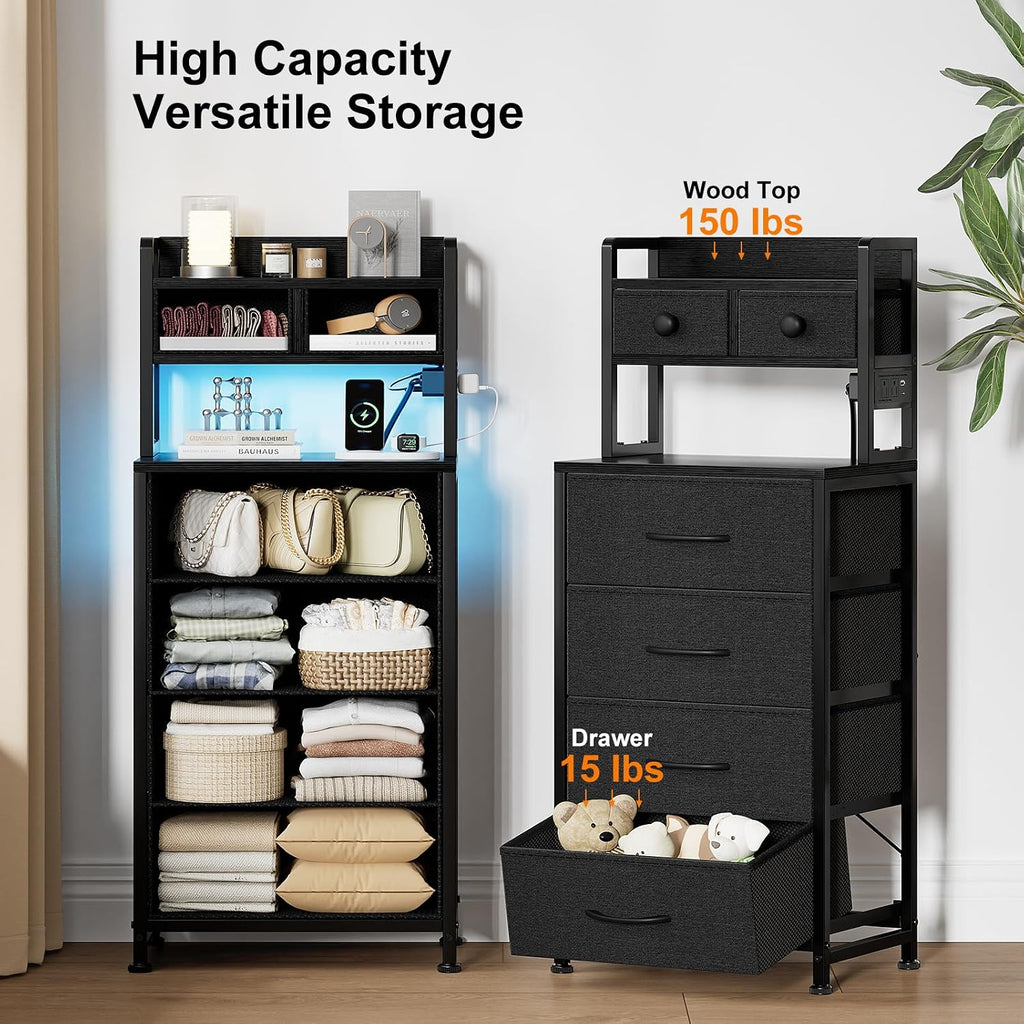 REAHOME 41 Inch LED Nightstand with Charging Station Dark Gray