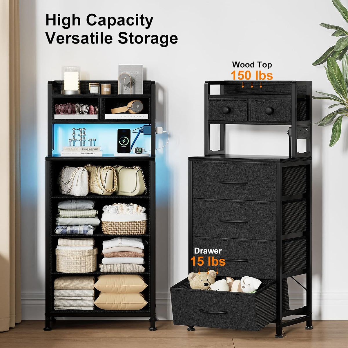 REAHOME 41 Inch LED Nightstand with Charging Station Dark Gray