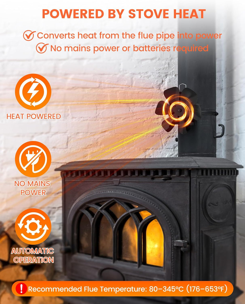 Wood Stove Fan, Magnetic Mount Pipe Fireplace Fan with Retaining Ring