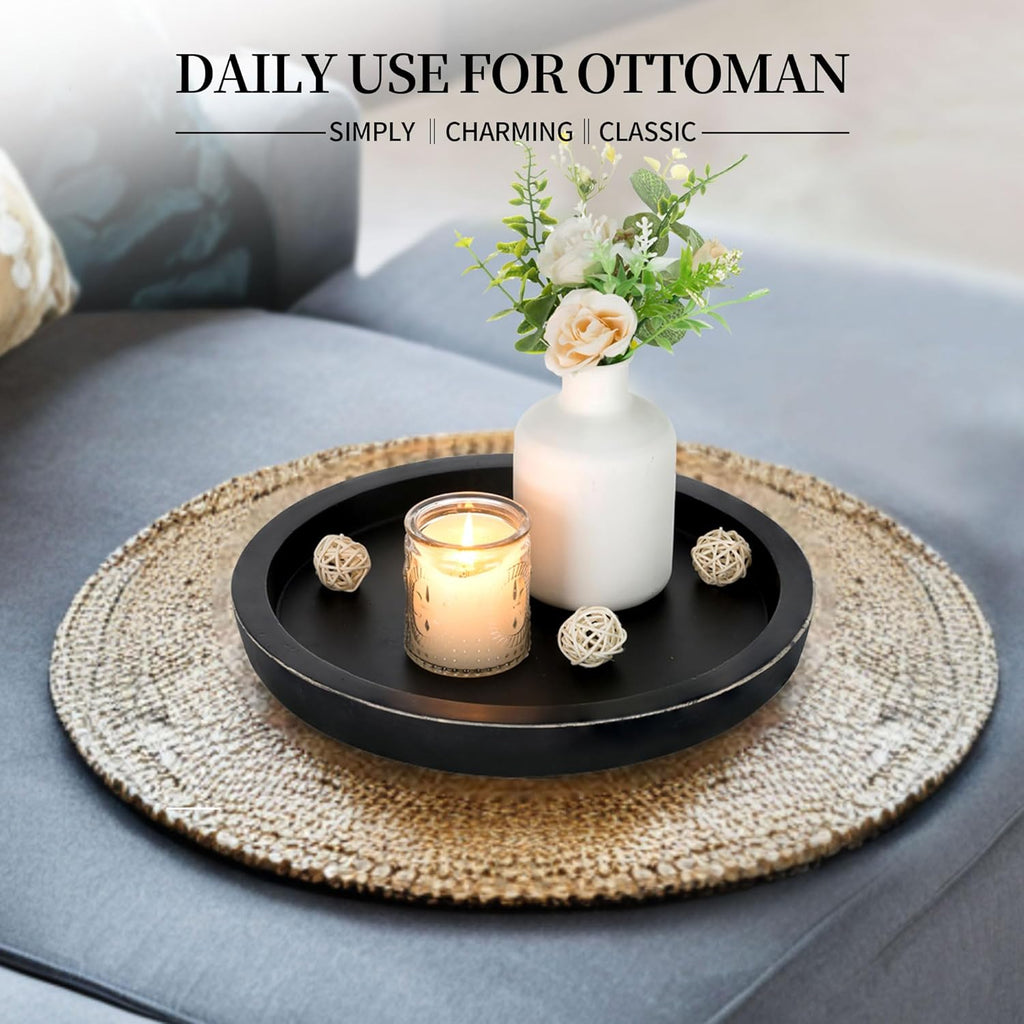 Hanobe Wooden Tray for Coffee Table: Candle Holder Plate Black Round Decorative Serving Tray - Vintage Table Centerpiece Rustic Farmhouse Home Decor
