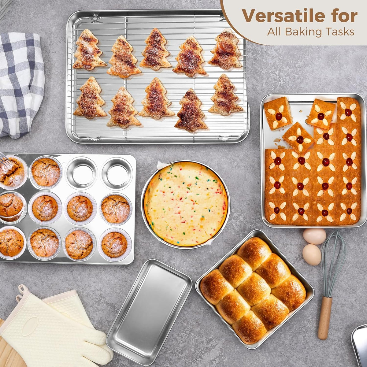 E-far 9-Piece Baking Pan Set, Stainless Steel Bakeware Sets for Sheet Cake Cookie Loaf Muffin, Include Baking Sheet, Round Square Rectangle Baking Pan & Cooling Rack, Dishwasher Safe