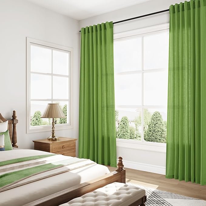 Lime Green Linen Curtains 84 Inches Long, Back Tab Light Filtering Semi Sheer - Image 8