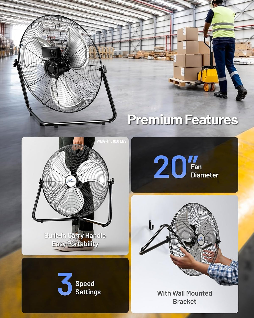 iLIVING 20 Inch Heavy Duty Floor & Wall Mount Fan - 5750 CFM High Velocity, 120-Watt, 3-Speed, Industrial Cooling for Garage, Workshop, Office, Home - UL Listed, Black