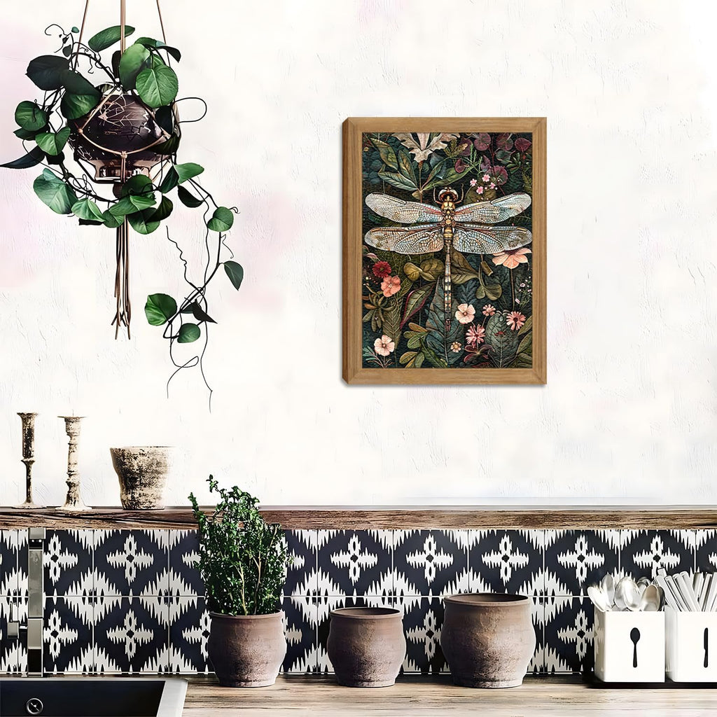 Framed Vintage 3D Textured Wall Art - Dark Green Dragonfly Flowers Wall Decor - Hand Drawn Sandstone Nature Botanical Pictures for Living Room Bedroom Home Decor 12x16in