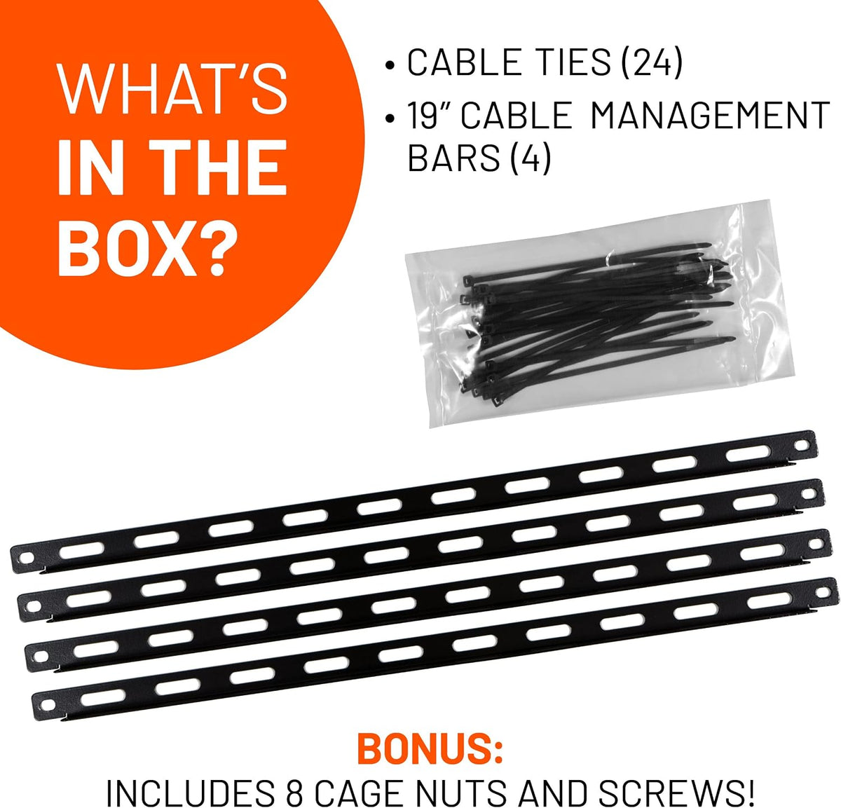 ECHOGEAR Rack Cable Management Tie Bar Kit - Includes 4X 1U Tie Bars, 24 Zip Ties, 8 Cage Nuts, & 8 Screws - Works with 19" Open Frame Racks & Enclosures