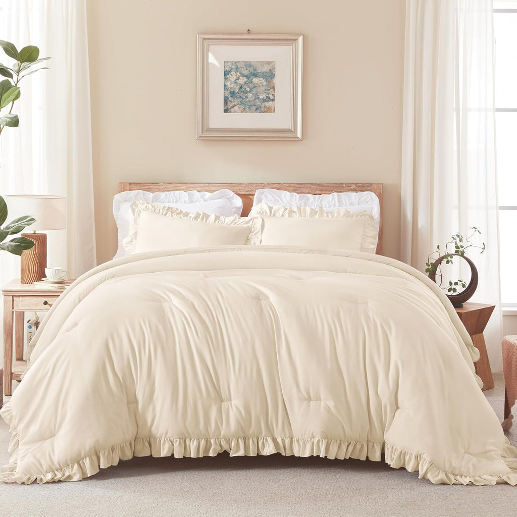 Andency Beige Queen Comforter Set, 3 Pieces Farmhouse Shabby Chic Bedding