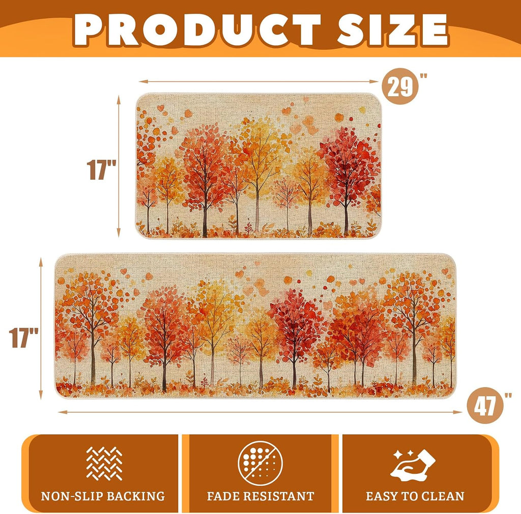 Watercolor Fall Maple Trees Kitchen Rugs Set of 2, 17x29 and 17x47 Inch