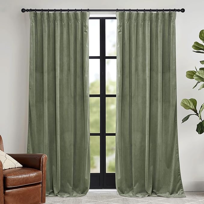 RYB HOME Sage Green Velvet Curtains 96 inch, Room Darkening Super Soft Velvet by RYBHOME