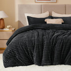 BEDELITE Fleece Queen Comforter Set, Fluffy Bed Set, Black