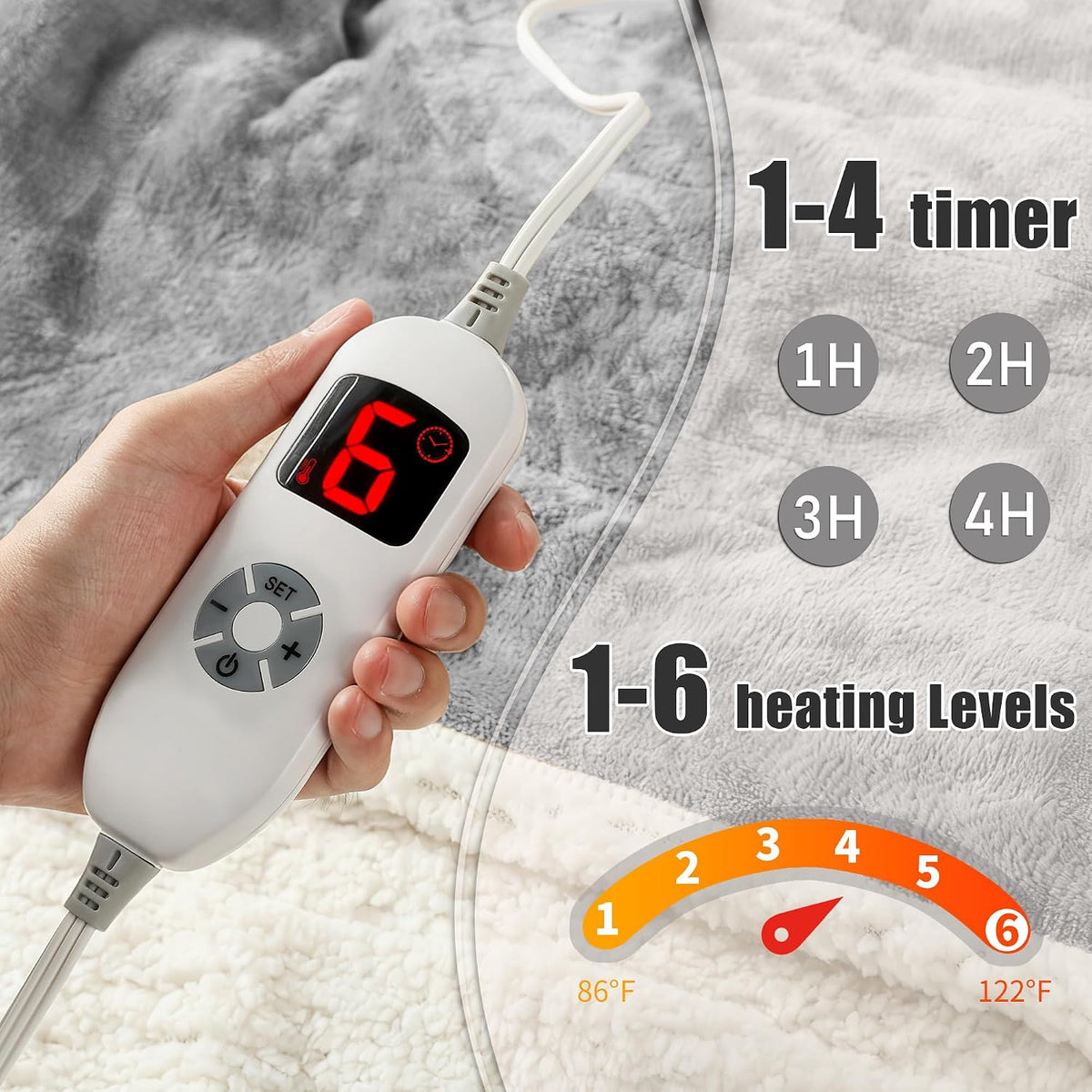 COZYTY Wearable Heated Blanket Shawl - Electric Wrap Poncho Heated Throw Blanket with Hand Pockets, 50 * 64", 6 Heating Levels & 1-4H Timer, Ideal for Family, Light Grey