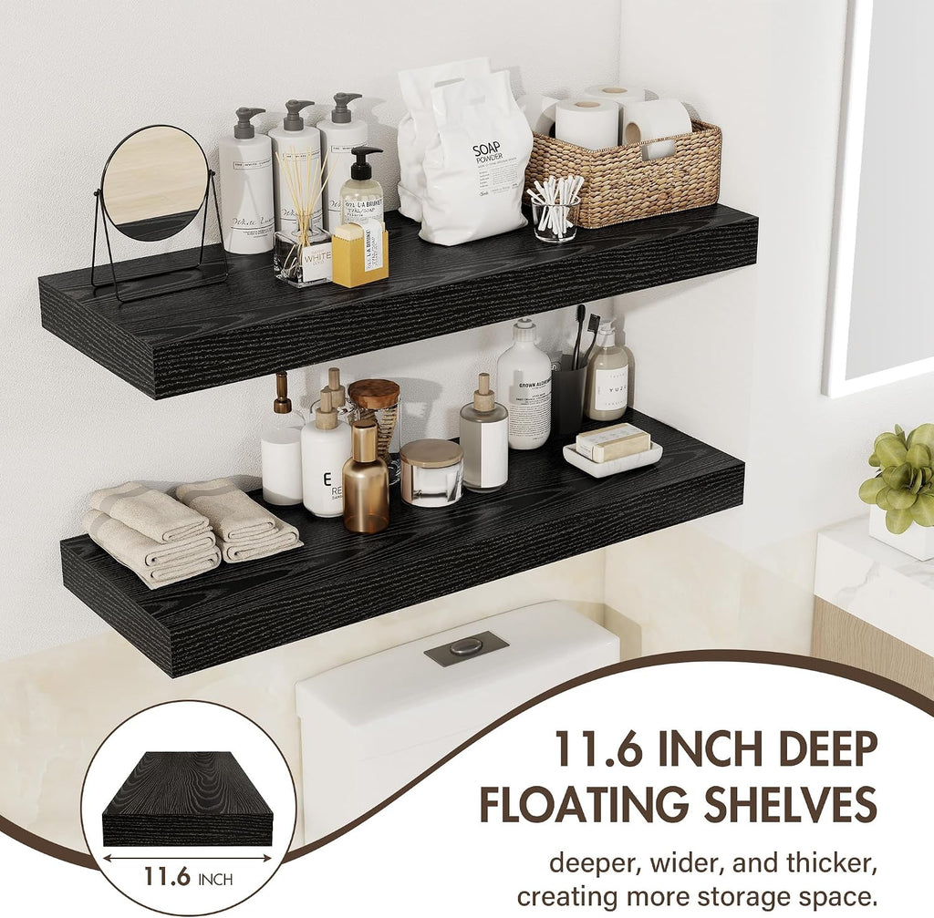 Acovy 30 Inch Floating Shelves, 12" Deep Floating Shelf Wall Mounted, 30" Wall Shelves, Rustic Deep Bookshelf, Extra Deeper & Thicker Display Shelves for Bedroom, Living Room, Black, Set of 2