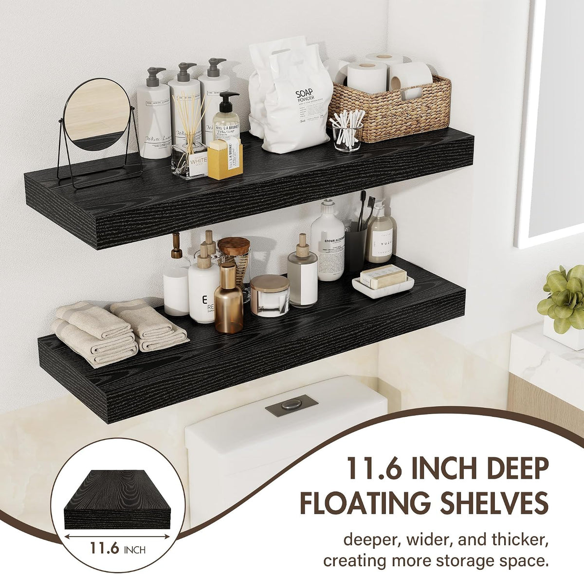 Acovy 30 Inch Floating Shelves, 12" Deep Floating Shelf Wall Mounted, 30" Wall Shelves, Rustic Deep Bookshelf, Extra Deeper & Thicker Display Shelves for Bedroom, Living Room, Black, Set of 2