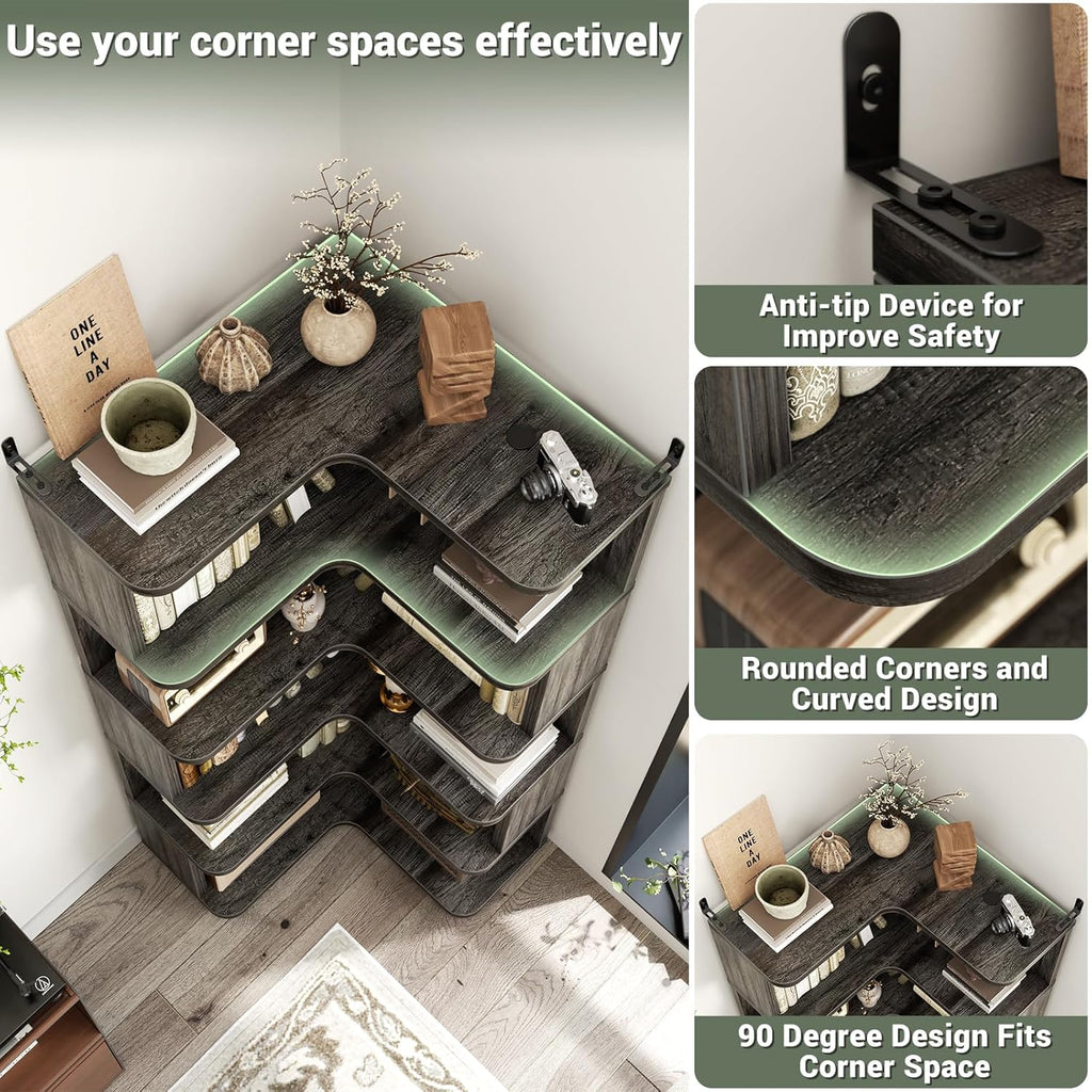 Armocity Corner Book Shelf, 6-Shelf L Shaped Corner Bookshelf with Baffle