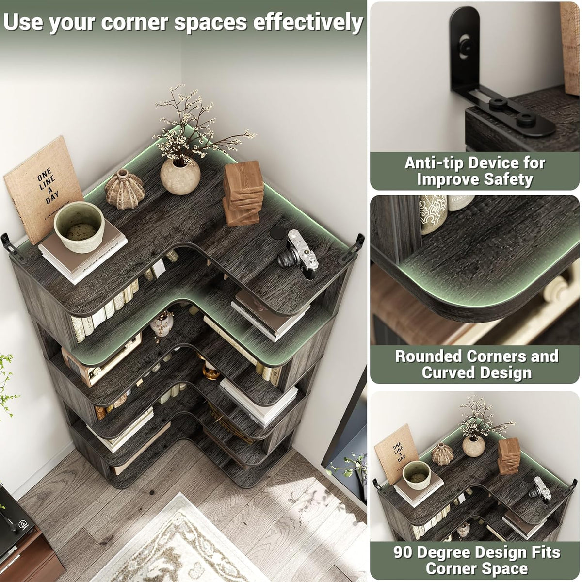 Armocity Corner Book Shelf, 6-Shelf L Shaped Corner Bookshelf with Baffle