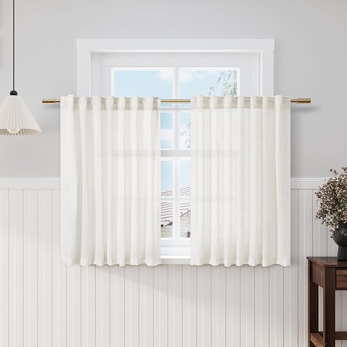 Beige White Kitchen Cafe Curtains 45 Inch Long 2 Panel Back Tab Translucent by Nanspring
