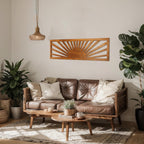 Burbell Horizontal Sun Wall Art, Boho Wooden Room Decor, 35"x12" Dark Brown
