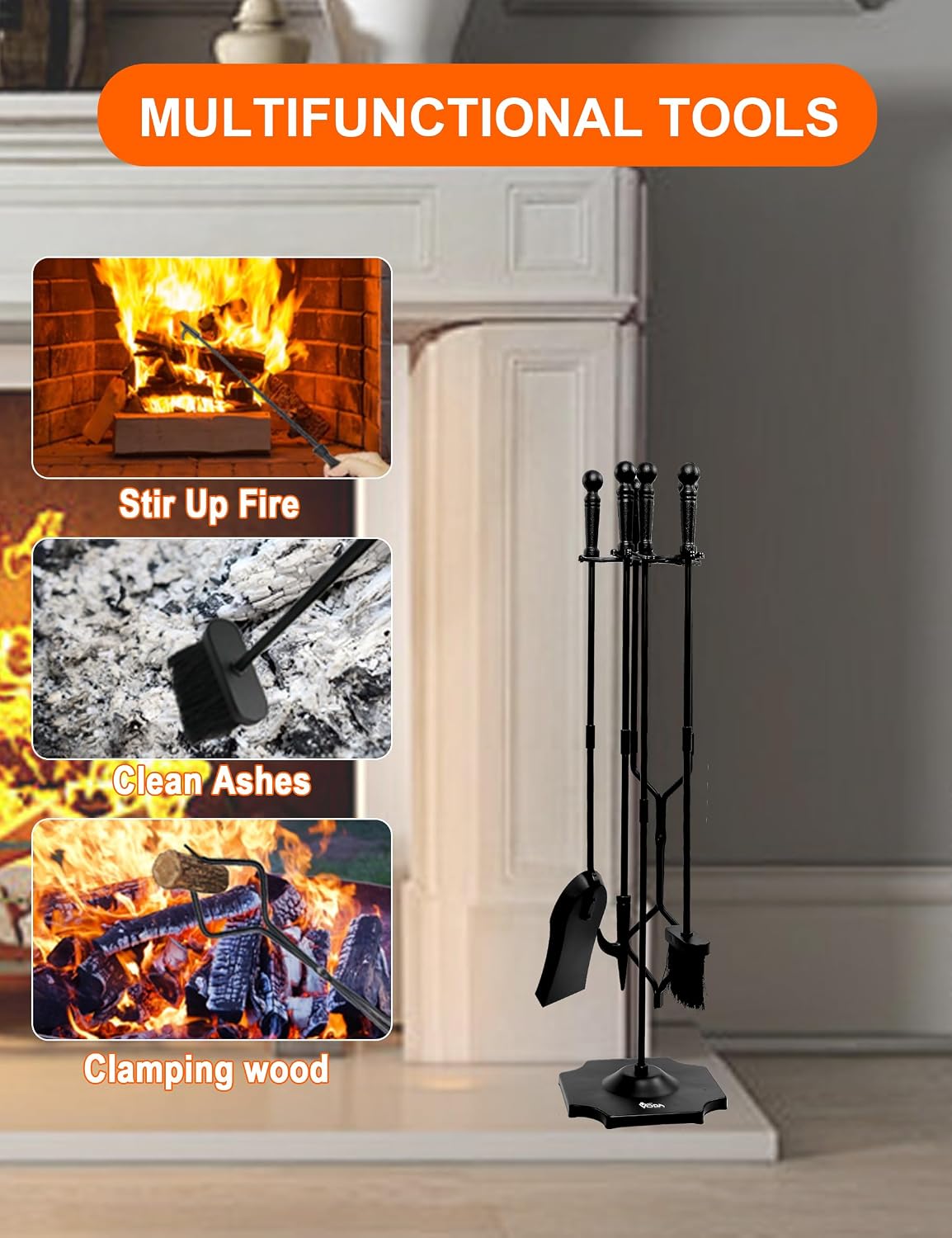 Large 5 Pcs Fireplace Tools Set Black Fire Place Tools Indoor Outdoor Fire Place Poker Set with Stand, Including Fireplace Poker,Fireplace Tongs,Fireplace Shovel,Fireplace Brush and Sturdy Base
