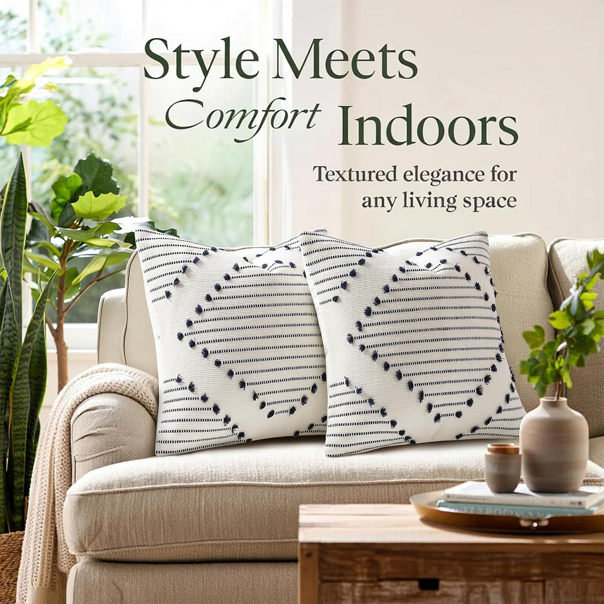 Mecatny Boho Outdoor Throw Pillow Covers 18x18 Set of 2 Navy & Cream White