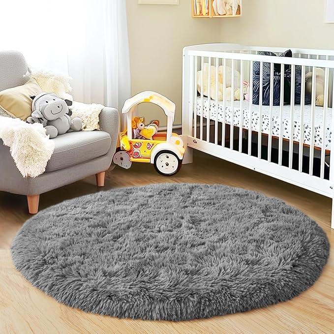 3'x3' Grey Round Rug for Bedroom, Ultra Soft Fluffy Circle Rug for Kids Girls - Image 3