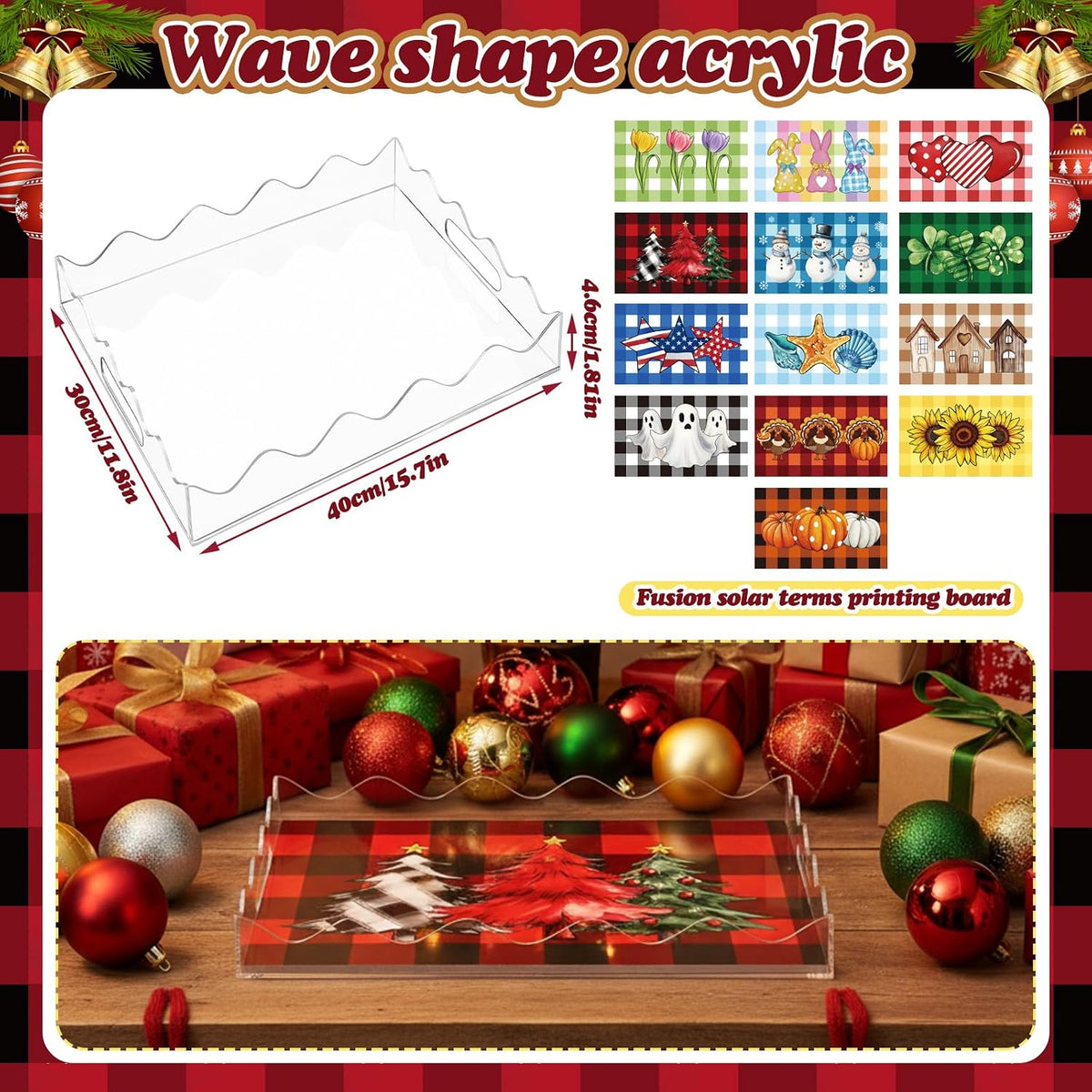 Zhehao Fall Pumpkin Scalloped Acrylic Tray with 7 Seasonal Interchangeable Mat 15.7 x 11.8 Inch Autumn Serving Tray Orange Pumpkin Home Decor for Fall Harvest Holiday Desk Gift