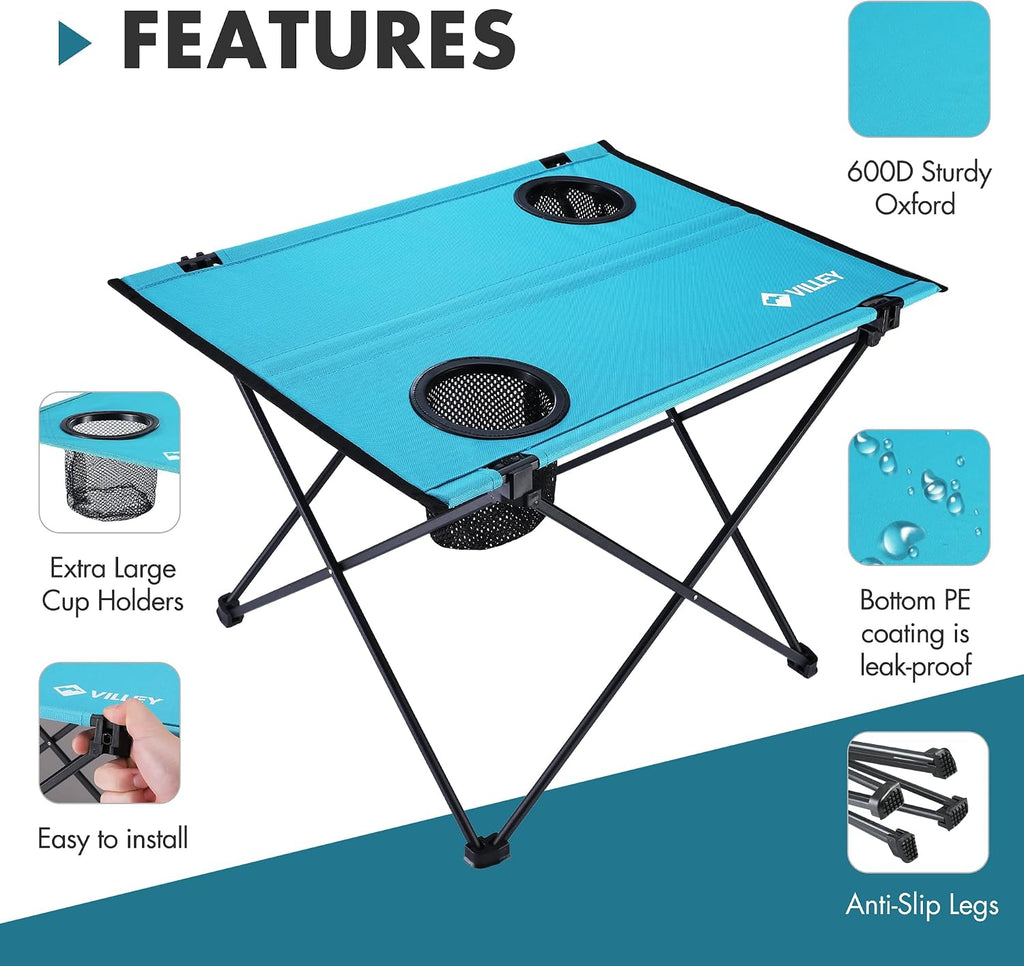 VILLEY Folding Camping Table, Portable Table with 2 Cup Holders, Small